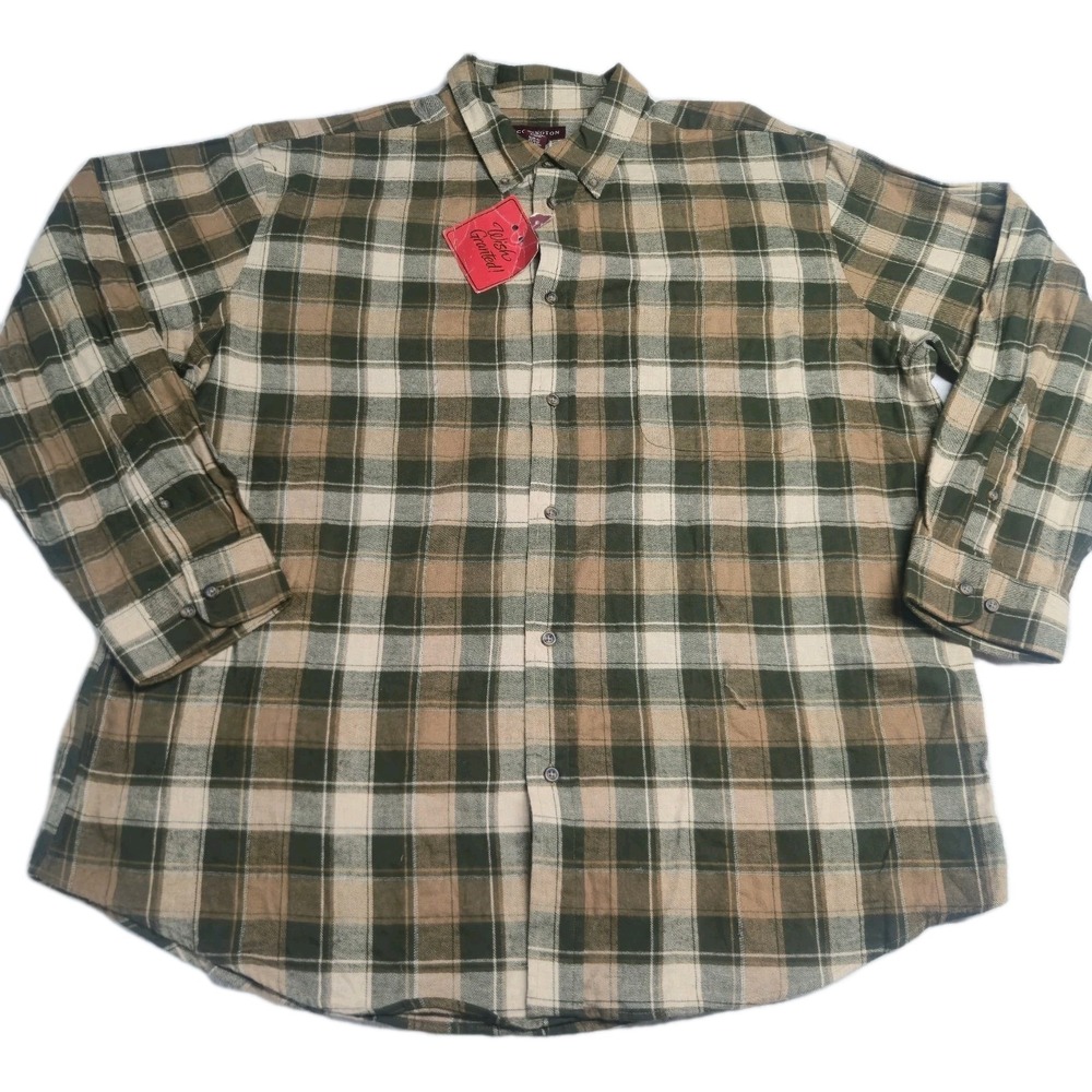 Covington Men's XXL Flannel Shirt Brown Green Tan Plaid 100% Cotton Button Down